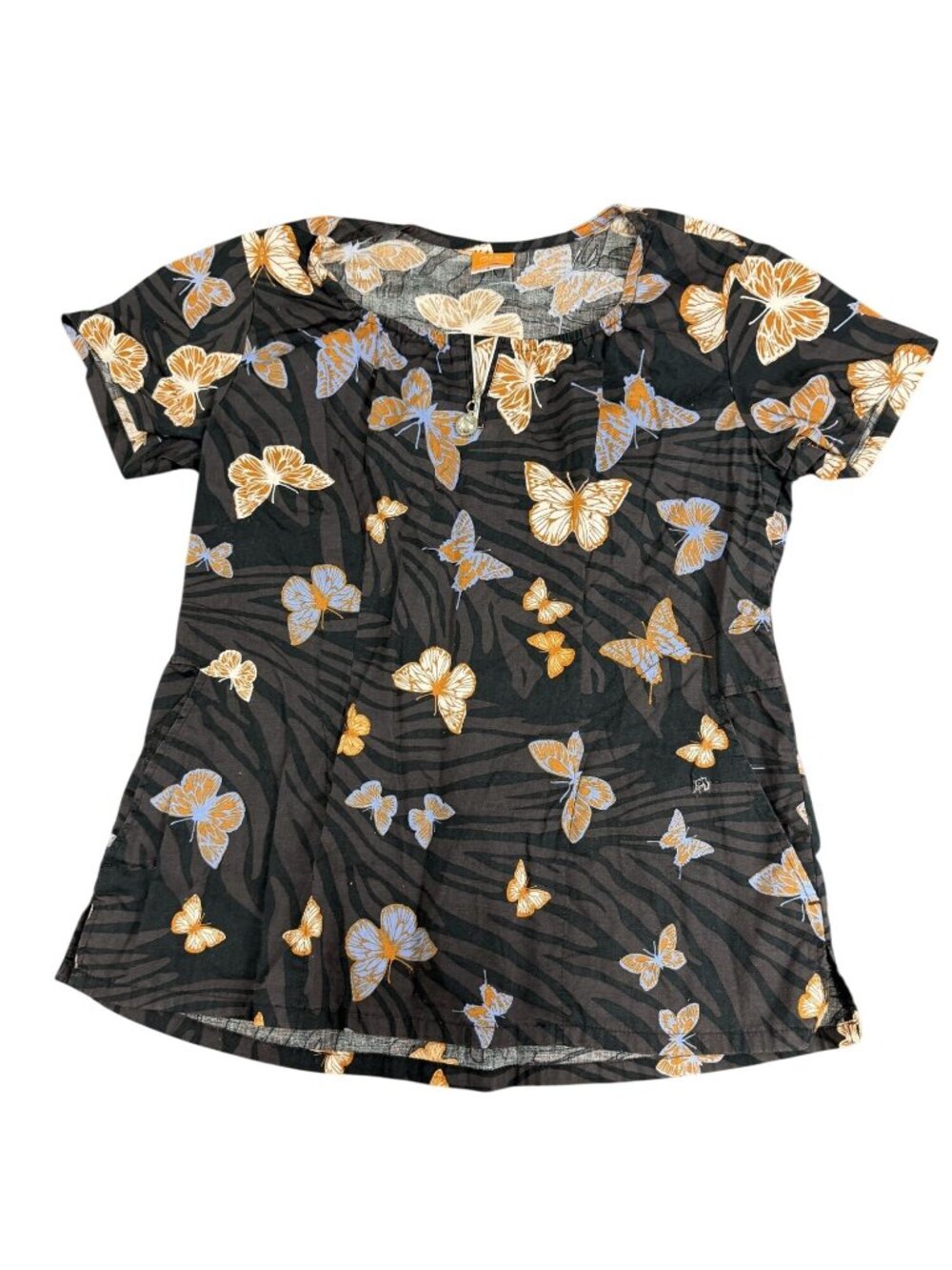 NRG By Barco Womens Black Butterfly Print Scrub Top Short Sleeve Zipper Size M